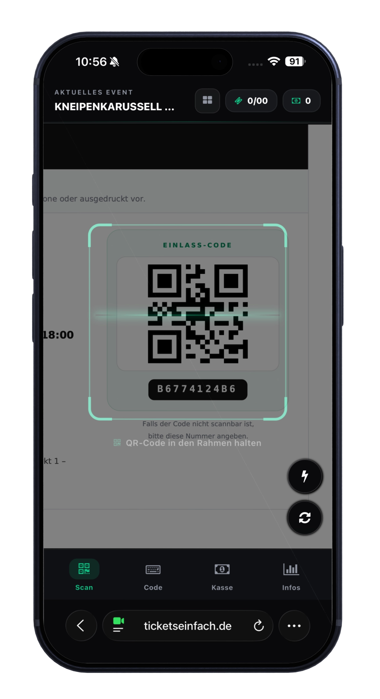 Scanner-App beim Einlass: QR-Code eines Tickets wird gescannt