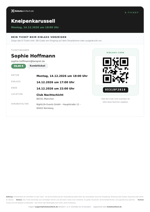 Muster-Ticket von ticketseinfach.de mit markiertem Anzeigenplatz